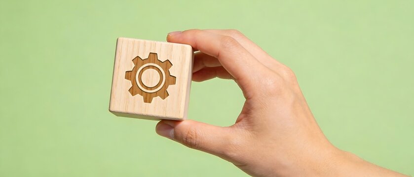 木製キューブに描かれた歯車を手で支える近代的イメージ