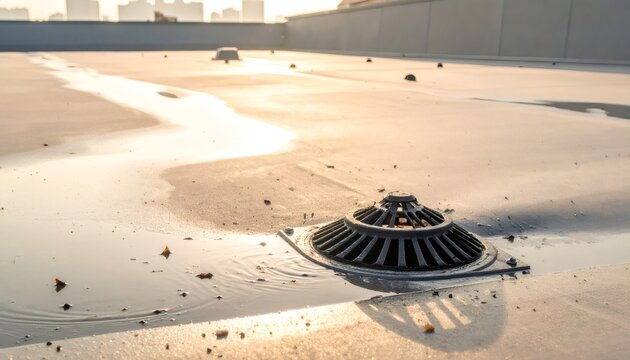 Rooftop drain managing rainwater puddle on flat roof