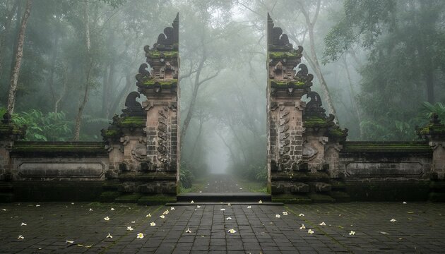 Cinematic Balinese Candi Bentar split gate in misty forest, traditional Hindu temple entrance for Nyepi Silent Day in Bali, generative AI