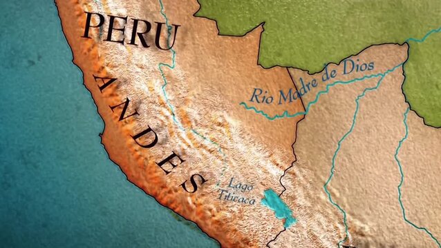 Map Showing Andes Mountains and Rio Madre de Dios in Peru South America
