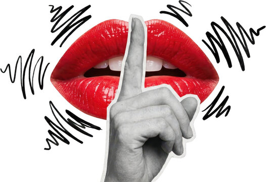 Glossy red lips with a finger to the mouth symbolizing silence or a secret framed by abstract scribbles shushing gesture hush quiet whisper discreet confidential transparent background