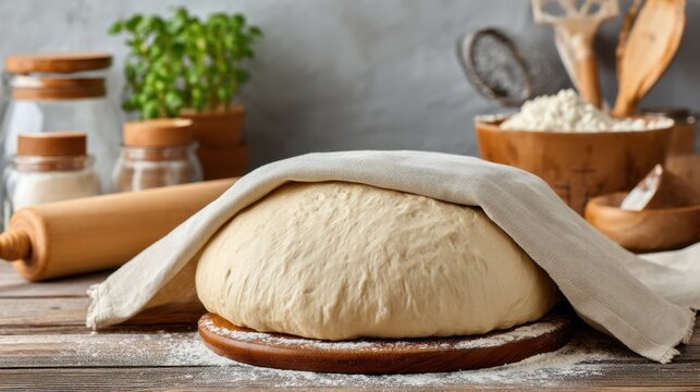 Freshly Rising Dough Covered with a Cloth on a Wooden Surface Surrounded by Baking Ingredients and Tools in a Cozy Kitchen Setting