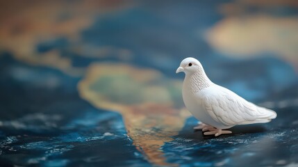 Fototapeta premium A small white dove standing on a blue and gold textured surface