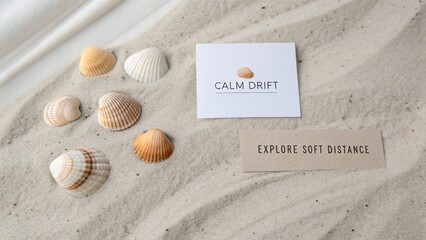 Calm Drift Relaxing Beach Scene with Shells and Minimalistic Art on Soft Sand Surface Aesthetic