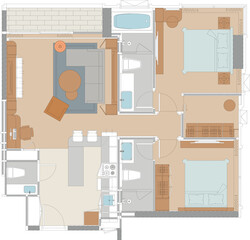 2 Bedroom Condominium Floor Plan with Furniture, Top View Modern Apartment Layout with Living Room, Kitchen and 2 Bathrooms