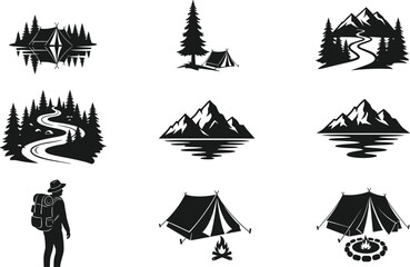 Outdoor adventure vector set with mountain peaks, camping tents, campfire silhouettes, hiker with backpack, and forest landscape icons for travel logos