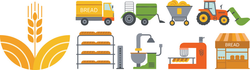 Bakery production and bread supply chain illustration featuring wheat harvest, baking equipment, delivery truck, storefront, and agricultural machinery © SreePobitra