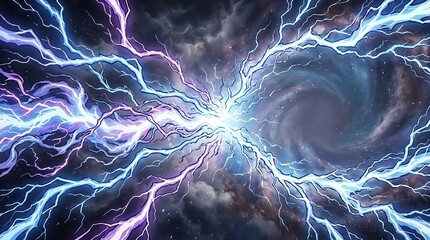 天空を貫く稲妻とプラズマが放つ超高圧エネルギービームの衝撃光線