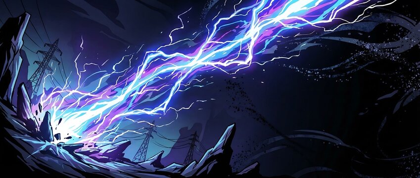 天空を貫く稲妻とプラズマが放つ超高圧エネルギービームの衝撃光線