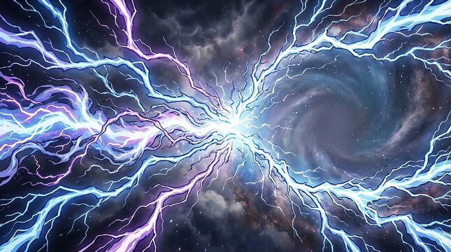 天空を貫く稲妻とプラズマが放つ超高圧エネルギービームの衝撃光線