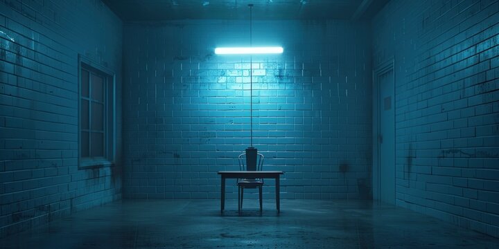 Cold, blue-lit brick room with a solitary table and chair under a neon light