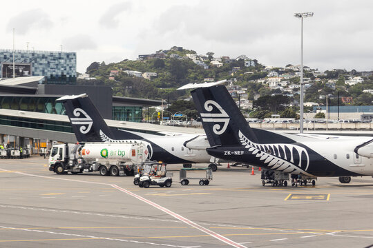Air New Zealand, and Air BP on the tarmac at Wellington Airport. Photo taken November 2024, Wellington Airport.	