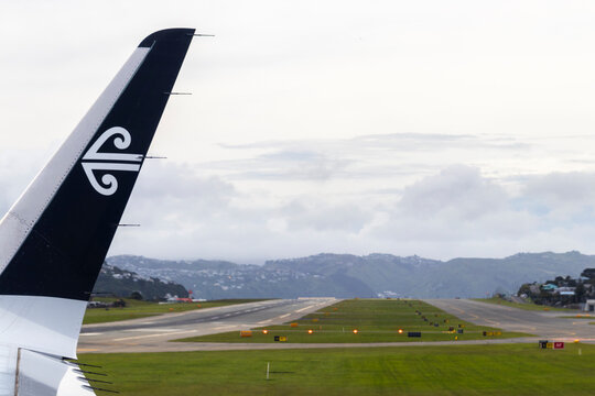 Air New Zealand, on the runway at Wellington Airport with copy space. Photo taken November 2024, Wellington Airport.