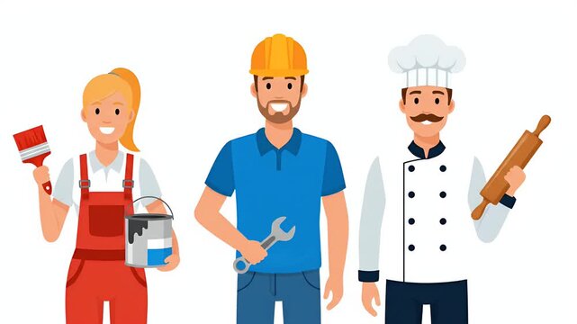 Diverse Professions Group Diverse Professionals Painting Construction Chef Cooking