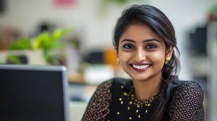Smiling Young Indian Woman Working in Office.