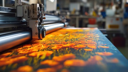 Close-up of a large format printer cutting a colorful floral image.