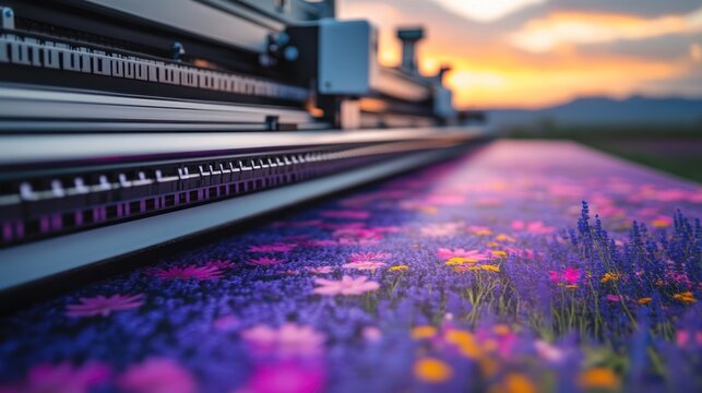 Large Format Printer Printing a Colorful Landscape Image at Sunset.