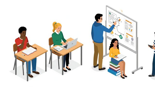 Diverse Students Learn at Desks and Whiteboard in Bright Classroom Animation