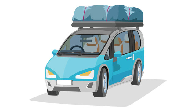 Separate layer of travel mini van car blue color. Top of car with roof rack and luggage cover for travel or trips. Show inside car. On isolated white background.