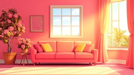 Cozy Pink Living Room with Sofa and Sunlight.