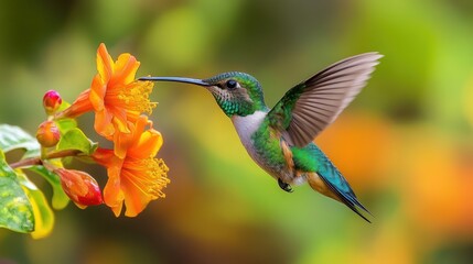 Hummingbird Feeding on Orange Flower.