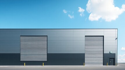 Modern Industrial Warehouse Building Exterior with Roller Doors.