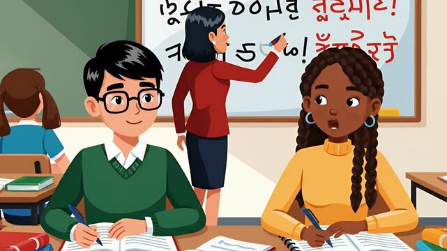 Diverse Students Learn in Bright Classroom With Teacher Writing on Board