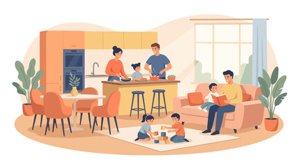 Fototapeta premium Happy Household Scene Vector – Modern Family Lifestyle Illustration