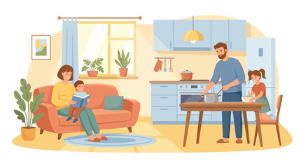Fototapeta premium Warm Family Daily Routine Illustration – Home Life Vector Scene