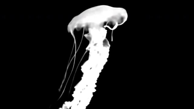 Close up of the jellyfish swimming underwater on black background. Black and white for composite and presentation. Alpha matte isolated.
