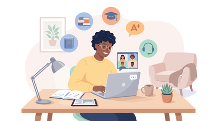 Fototapeta premium Modern Online Study Scene – Student Digital Learning Vector Illustration
