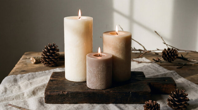 Burning pillar candles on wooden board, cozy home decor