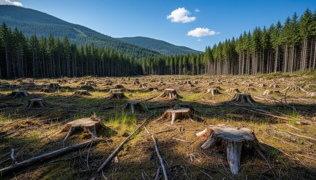 Harvested tree stumps in a clearcut forest