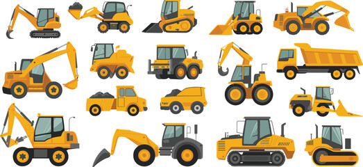 Construction heavy equipment vehicles vector illustration set featuring excavators, bulldozers, loaders, dump trucks, backhoes, and machinery collection © SreeRupali