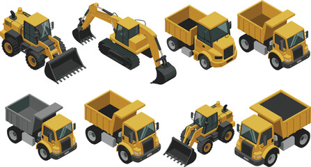 Construction heavy machinery illustration set featuring excavator, wheel loader and dump trucks for mining and building industry projects. © SreeRupali