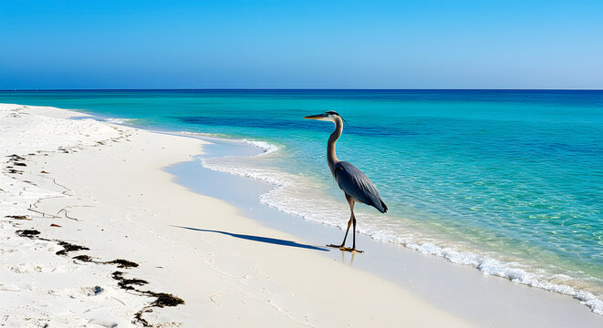 A majestic heron standing on a serene white sandy beach beside a calm turquoise ocean