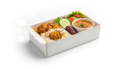Balanced iftar bento box featuring spiced chicken with rice and fresh salad greens alongside a bowl of hearty lentil soup for ramadan