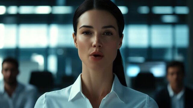 Confident businesswoman in suit speaking assertively.