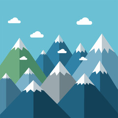 Flat landscape with mountains, snow caps, clouds, and blue sky