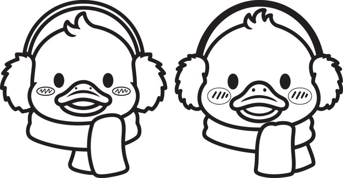 Cute cartoon ducklings wearing ear muffs and scarves, winter warmth concept, adorable animal characters, children's illustration, coloring page, black and white