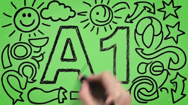 Childlike Drawing Of A House With Two Smiling Sun And Clouds On Green Background