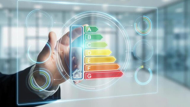 Energy smart home management audit reveals cost savings for business digital interface and data visualization with smart energy rating chart and control system
