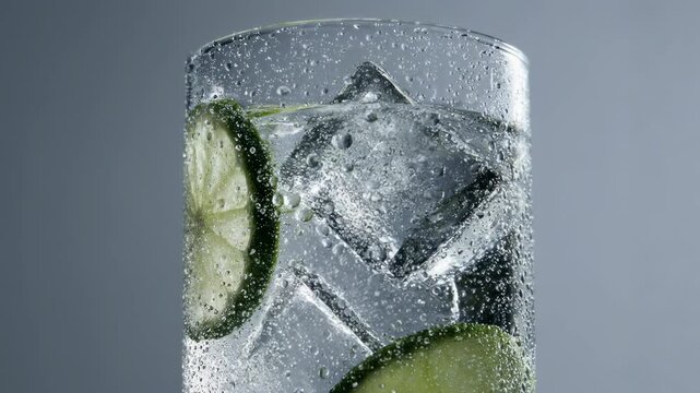 Cinematic macro video of a gin and tonic cocktail in a transparent glass, visible lime slices and ice cubes