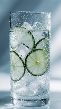 Cinematic macro video of a gin and tonic cocktail in a transparent glass, visible lime slices and ice cubes