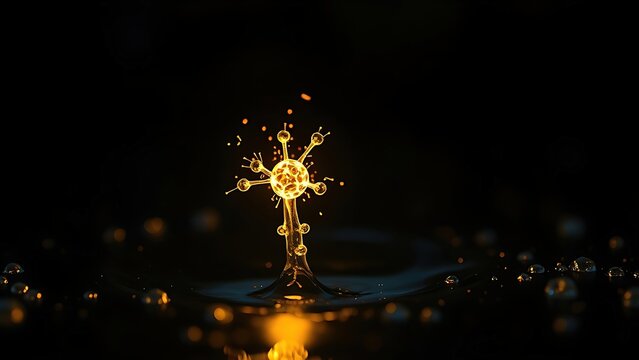 submicroscopic. A single, complex, glowing molecule emerges from a dark, primordial aqueous solution, symbolizing the spark of life. STEM education sheets.
