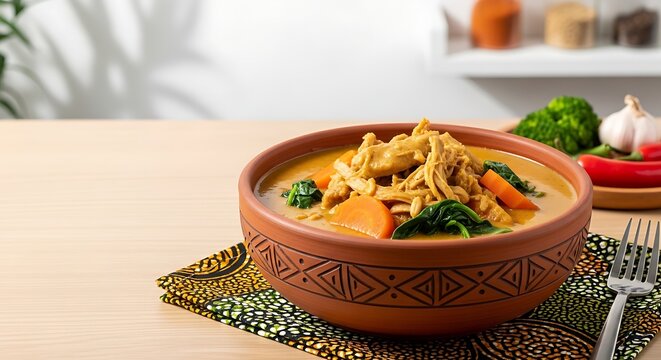 maf&eacute;, creamy peanut butter stew with rich golden-brown color, shredded chicken pieces, orange sweet potato, carrot, and green spinach.