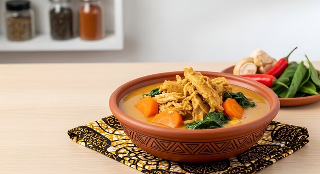 maf&eacute;, creamy peanut butter stew with rich golden-brown color, shredded chicken pieces, orange sweet potato, carrot, and green spinach.