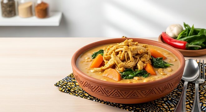 maf&eacute;, creamy peanut butter stew with rich golden-brown color, shredded chicken pieces, orange sweet potato, carrot, and green spinach.