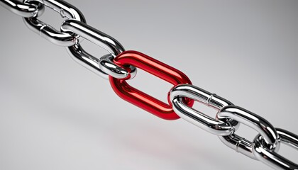 Obraz premium Shiny metal chain with one red link on gray background