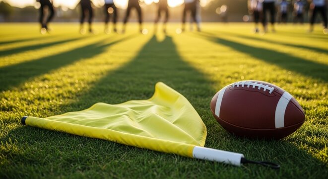 American Football Field with Ball and Flag.